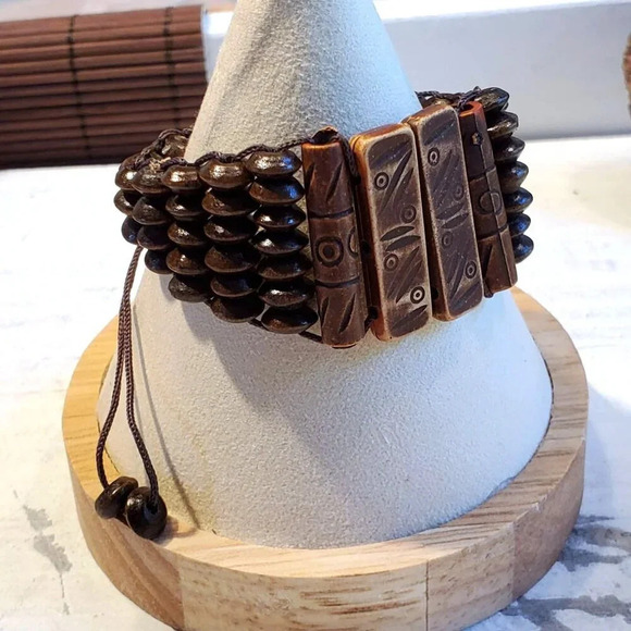 90s Y2K Vintage Brown Tribal Patterns Wood Acrylic OSFA Adjustable Bracelet - Picture 8 of 10